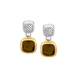 18K Yellow Gold and Sterling Silver Cushion Smokey Topaz Accented Drop Earrings