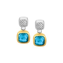 18K Yellow Gold and Sterling Silver Drop Earrings with Bezel Set Blue Topaz