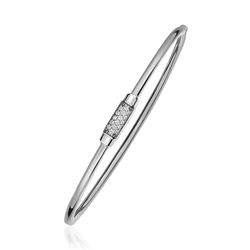 14K White and Diamond Domed Light Bangle Bracelet with Clasp