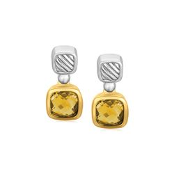 18K Yellow Gold and Sterling Silver Earrings with Bezel Set Cushion Cut Citrines