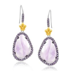 18K Yellow Gold & Sterling Silver Fleur De Lis Style Amethyst Drop Earrings