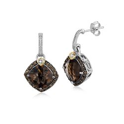 18K Yellow Gold and Sterling Silver Smokey Quartz and Coffee Diamond Earrings