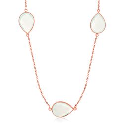 Sterling Silver Rose Gold Plated Teardrop Station Long Necklace with Aqua Chalcedony
