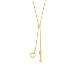 Adjustable Lariat Necklace with Arrow and Heart Pendants in 14K Yellow Gold