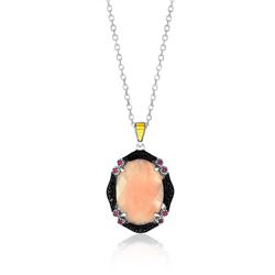 18K Yellow Gold & Sterling Silver Quartz  Rhodolite  and  Diamond Oval Pendant