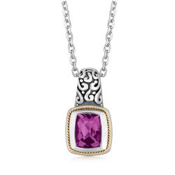 18K Yellow Gold and Sterling Silver Necklace with Milgrained Amethyst Pendant