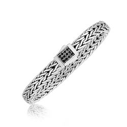 Sterling Silver Braided Men's Bracelet with Black Sapphire Stones