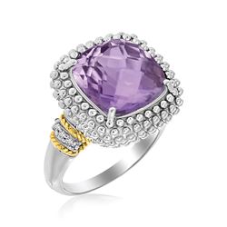 18K Yellow Gold & Sterling Silver Popcorn Ring with Amethyst and Diamond Accents