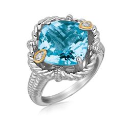 18K Yellow Gold and Sterling Silver Ring with Cushion Blue Topaz and Diamonds