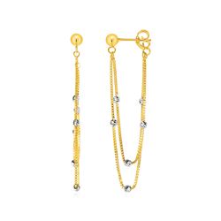 Hanging Chain Post Earrings with Bead Accents in 14K Yellow and White Gold