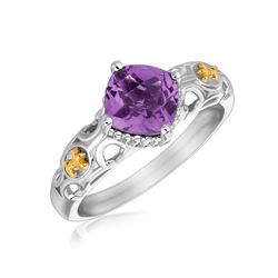 18K Yellow Gold and Sterling Silver Ring with Amethyst and Fleur De Lis Motifs