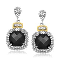 18K Yellow Gold & Sterling Silver Black Onyx & Diamond Earrings (.05ct tw)