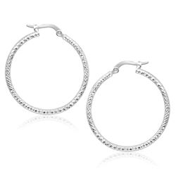 14K White Gold Tube Textured Round Hoop Earrings