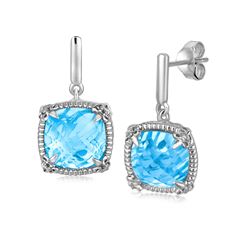 Sterling Silver Sky Blue Topaz and White Sapphires Fleur De Lis Drop Earrings