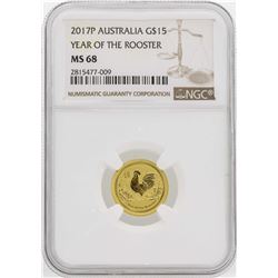 2017-P Australia Year Of The Rooster 1/10oz Gold Coin  NGC MS68