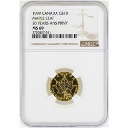 1999 Canada $10 Maple Leaf 20 Years ANS Privy 1/4 oz Gold Coin NGC MS69