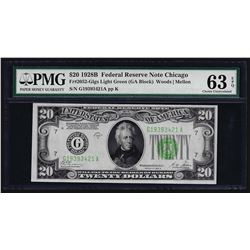 1928B $20 Federal Reserve Note Chicago Light Green Seal Choice Uncirculated PMG