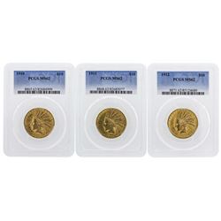 Set of 1910-1912 $10 Indian Head Eagle Gold Coins PCGS MS62