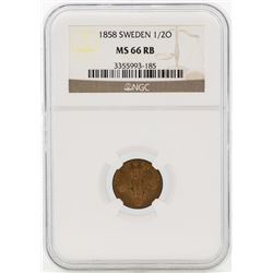 1858 Sweden 1/2 Ore Coin NGC MS66RB