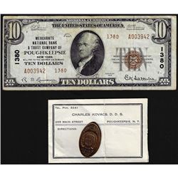 Set of 1929 $10 Poughkeepsie National Note & 1909 Poughkeepsie, NY Fireman Cent