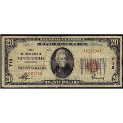 1929 $20 First National Bank in Minneapolis MN National Currency Note CH# 710