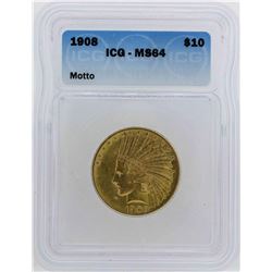 1908 $10 Indian Head Eagle Gold Coin ICG MS64