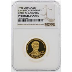 1982 Greece 50 Pounds Pan-European Games Gold Coin NGC PF68 Ultra Cameo