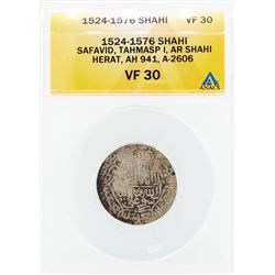 1524-1576 Shahi Safavid Tahmasp I AR Shahi Herat Coin ANACS VF30