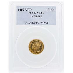 1909 VBP Denmark 10 Kroners Gold Coin PCGS MS66