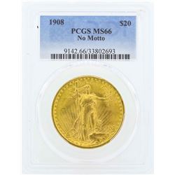 1908 No Motto $20 St. Gaudens Double Eagle Gold Coin PCGS MS66