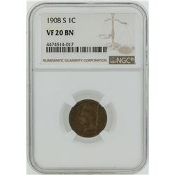 1908-S Indian Head Penny Coin NGC VF20BN