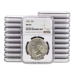 Lot of (20) 1922 $1 Peace Silver Dollar Coin NGC MS64