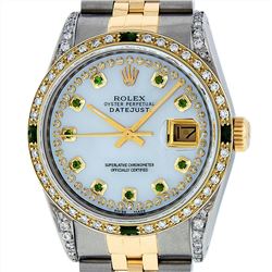 Rolex Mens Two Tone 18KT Yellow Gold Emerald and Diamond Datejust Wristwatch