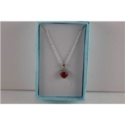 RUBY & DIAMOND PENDANT/NECKLACE.  SQUARE PRINCESS CUT RUBY.  STERLING SILVER