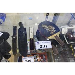 ASSORTED HUNTING KNIVES, PING PONG PADDLES AND CHAIN