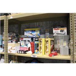 SHELF LOT OF DEPARTMENT STORE GOODS SPIN BROOM, SCALE, WAFFLE MAKER AND MORE