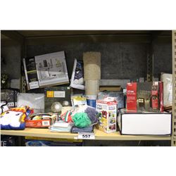 SHELF LOT OF DEPARTMENT STORE GOODS: SOLAR ROCK LIGHTS, UNDER SINK ORGANIZER SOFA COVER AND MORE