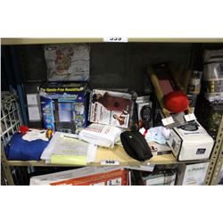 SHELF LOT OF DEPARTMENT STORE GOODS: HUMIDIFIER, SHOWER CURTAIN LINERS AND MORE