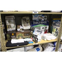 SHELF LOT OF DEPARTMENT STORE GOODS: CHRISTMAS DECORATIONS, TABLE MATE AND MORE