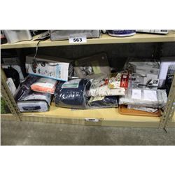 SHELF LOT OF DEPARTMENT STORE GOODS: SHEET SET, MASSAGER, RICE COOKER AND MORE