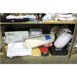 SHELF LOT OF DEPARTMENT STORE GOODS: DISH RACK, BATH MATS, MATTRESS PAD AND MORE