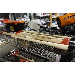 SHELF LOT OF AXES AND EMPTY TOOLBOX