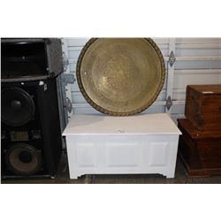 WHITE STORAGE TRUNK AND LARGE ROUND PLATTER