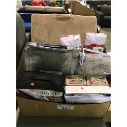 LOT OF RETAIL PRODUCT: ULTRA PLUSH ROBE, LOVESEAT SLIPCOVER, DUVET COVER, WEDGE PILLOW, BED SKIRTS,