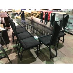 90" X 42'" BEVELED GLASS TOP DINING TABLE WITH 10 SIDE CHAIRS