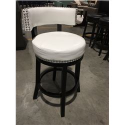 WHITE LEATHER UPHOLSTERED SWIVEL BAR STOOL