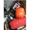 Image 2 : 2 TOTES & BOX OF SMALL TOOLS (HEATERS/AIR NAILERS/BOLT CUTTERS/LAMPS/ETC)