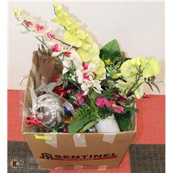 LARGE BOX WITH ASSORTED CHRISTMAS DECOR AND SILK