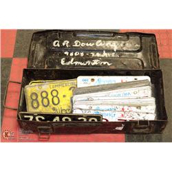 1945 ARMY BOX FULL OF LICENSE PLATES.