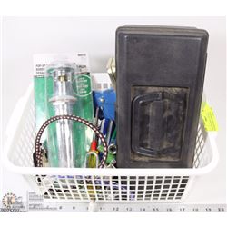VARIOUS TOOLS, TOOLBOX, BUNGEE CORDS, SINK DRAIN,